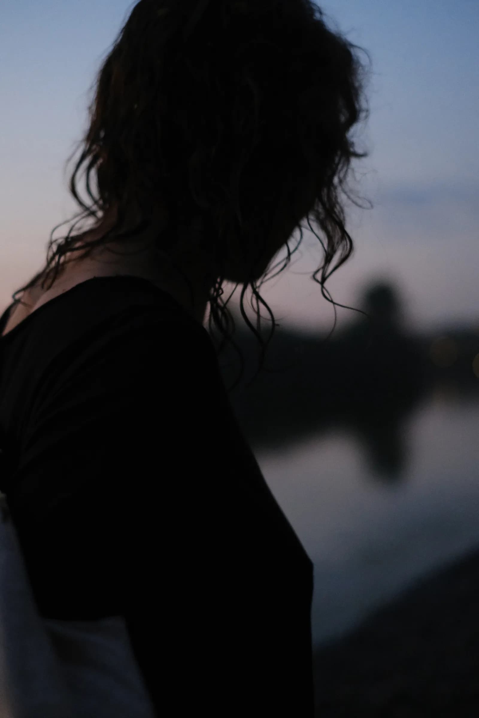 Silhouette of curls against the last light on the water